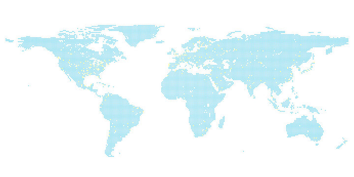 Fototapeta A map of the world with big cities illuminated with stylish dots, 3d rendering