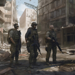 soldiers in a broken city, illustration