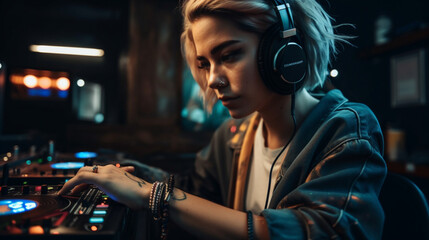 Fototapeta na wymiar Empowering Rhythms: Female DJ Rocking the Stage with Headphones - Made with Generative AI