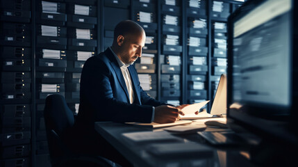 Fototapeta premium Confident Finance Professional Reviewing Papers in a Document Room - Made with Generative AI