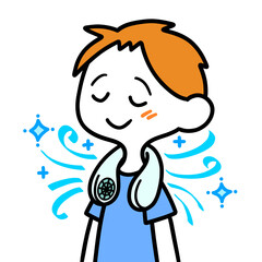 首掛け扇風機を使う男性