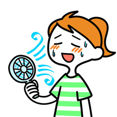 携帯扇風機を使う女性