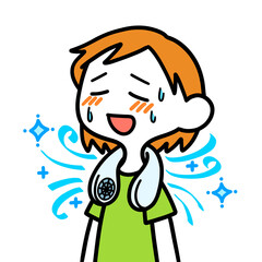 首掛け扇風機を使う女性