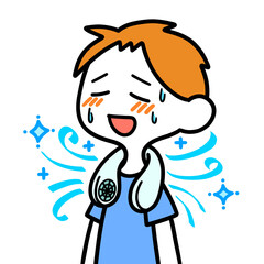 首掛け扇風機を使う男性