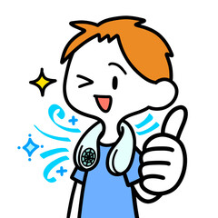 首掛け扇風機を使う男性