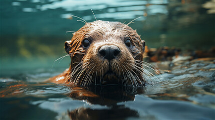 A river otter swimming in alone in water. A cute wildlife creature with fur swimming alone in the river.