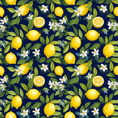 レモンスライス、木、花のシームレス背景イラスト　Generative AI