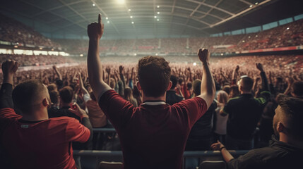 Rear view of cheering football fans in stadium