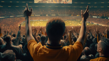 Rear view of cheering football fans in stadium