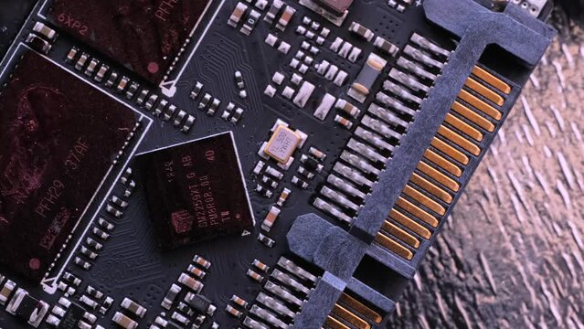 Microchip and microprocessors, top view close up. Computer motherboard components, PC chip.