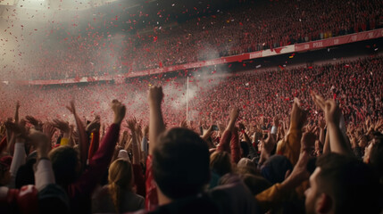 Rear view of cheering football fans in stadium - obrazy, fototapety, plakaty