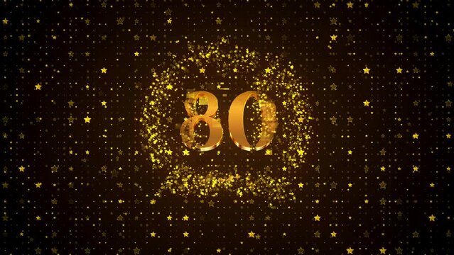Luxury Motion View Golden Shiny Happy 80th Anniversary Logo reveal On Golden Brown Twinkle Star Shape Particles Sparkle Pattern Background