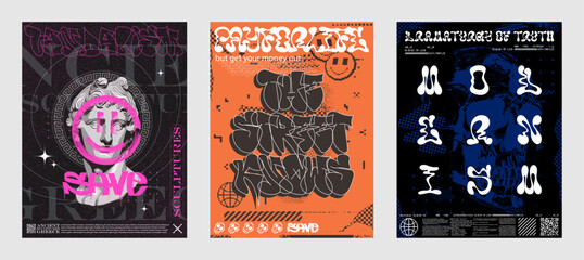 Fototapeta na wymiar Street art posters with y2k lettering and graffiti, tags, urban art. Acid prints for typography, merch, streetwear, t-shirt, flyers, posters. Artistic covers set. Street culture, graffiti, modernism