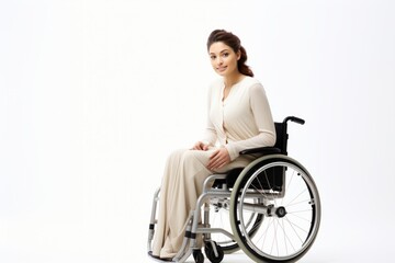 Obraz na płótnie Canvas a beautiful young model handicapped woman sitting in a wheelchair. girl can't walk after a back spine injury. isolated on white studio background. Generative AI