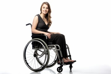 a beautiful young model handicapped woman sitting in a wheelchair. girl can't walk after a back spine injury. isolated on white studio background. Generative AI