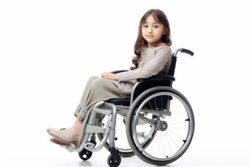 Obraz na płótnie Canvas a beautiful young cute model handicapped kid girl sitting in a wheelchair. child can't walk after a back spine injury. isolated on white studio background. Generative AI