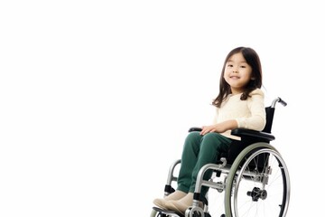 Fototapeta na wymiar a beautiful young cute model handicapped asian kid girl sitting in a wheelchair. child can't walk after a back spine injury. isolated on white studio background. Generative AI