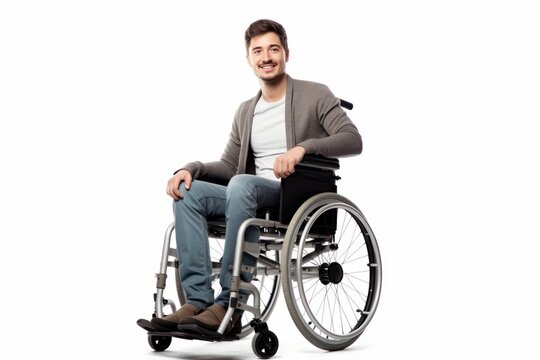 a handsome young model handicapped man sitting in a wheelchair. guy can't walk after a back spine injury. isolated on white studio background. Generative AI