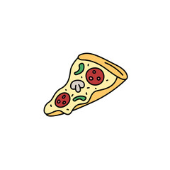 Pizza slice doodle element isolated. Vector outline illustration of fast food piece. Hand drawn cute colorful doodles.