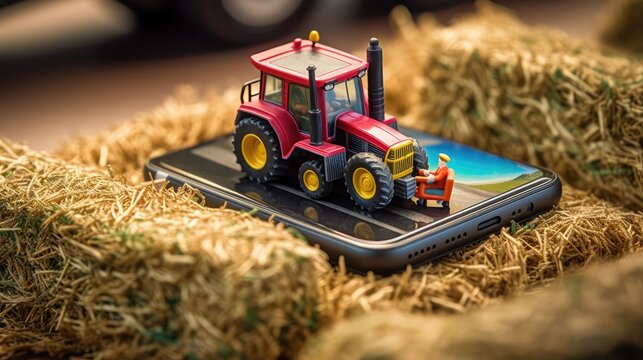 combine harvester working on field, agriculture 3d mini scene on smartphone, Charming farmstead, creative playtime, mini toy tractor display
