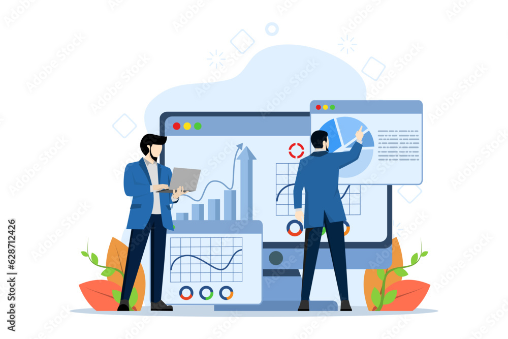 Poster analytics and data science concept, financial data management with tiny people. risk management abst
