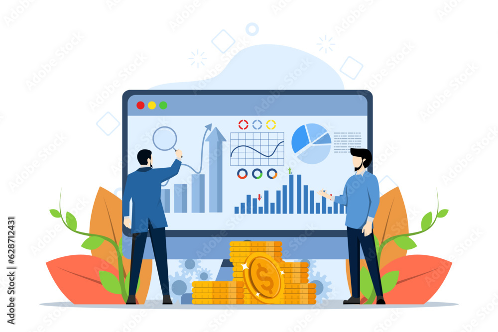 Poster concept of financial data management, analytics and data science with tiny people. risk management a
