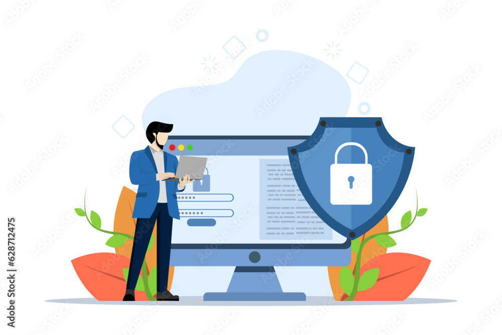 Poster concept data protection, information privacy, protecting data from data theft malware with tiny peop