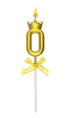 Burning golden birthday candle with crown isolated on white background, number 0.