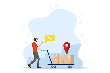 warehouse concept, warehouse worker with cart with cargo with phone in hand, in warehouse. logistics warehouse work. international package delivery. flat vector illustration on a white background.