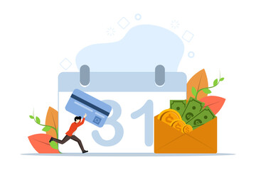 Payroll Concept, Showing person carrying debit card to withdraw money, Suitable for landing page, UI, web, app intro card, editorial, flyer and banner. Flat Vector illustration on white background.