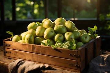 Farm to Table: A Wooden Box Full of Potatoes on a Table, Overlooking a Lush Green Field Under the Sun