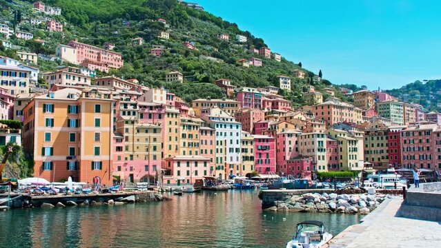 Camogli colorful fishing village. Located on the west side of the peninsula of Portofino, on the Golfo Paradiso in the Riviera di Levante, Liguria, Italy