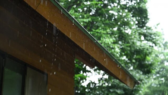 Slow motion picture of rain falling on a roof Image of heavy rain, typhoon, rainy season, etc.