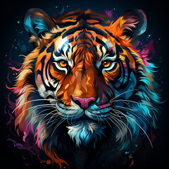 illustration of an abstract, neon tiger in pop art style on a black background