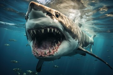 Undersea Encounter: A Bottom View of the Ocean Shark, Unveiling an Open Toothy Maw of Danger