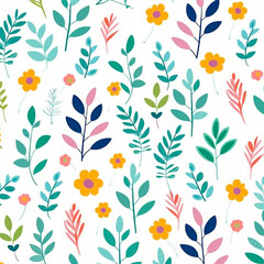 Seamless flowers and leaves pattern with white background. Generative AI.