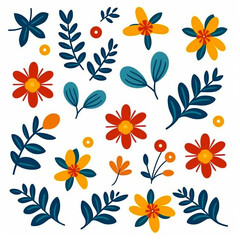 Seamless flowers and leaves pattern with white background. Generative AI.