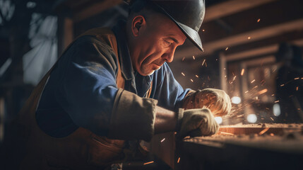 A carpenter hammers nails into a wooden frame in the middle of a busy construction zone