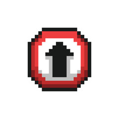 this is road sign icon in pixel art with black, red color and white background this item good for presentations,stickers, icons, t shirt design,game asset,logo and your project.
