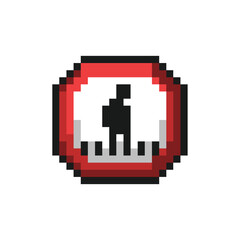 this is road sign icon in pixel art with black, red color and white background this item good for presentations,stickers, icons, t shirt design,game asset,logo and your project.