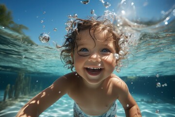 Obraz na płótnie Canvas cute baby swimming underwater toddler diving