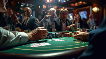 Close-up of people play Blackjack in casino