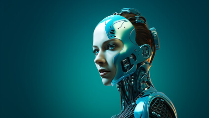 Introducing a Stunning Futuristic Robotic Model: Beautiful AI Enhanced with 3D Rendering, Immerse Yourself in the Futuristic Robotic Model,  Female Android Robot Face, space for banner 