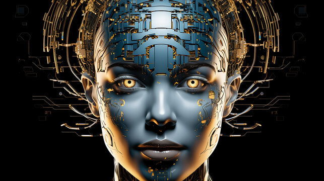 The face of a humanoid robot on an isolated background and close up, AI Futuristic Wallpaper, Female Android Robot Face, Conceptualizing Artificial Intelligence