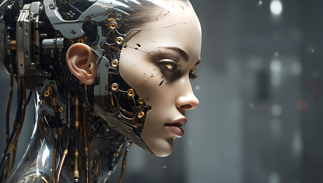Immerse in the Enchantment of a Futuristic Cyborg Girl, Her Head Enriched with Metallic and Brass Gear, Conjuring a Mesmerizing Fantasy Scene.AI Futuristic Wallpaper, Female Android Robot Face