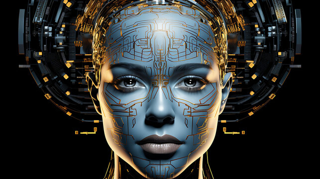 The face of a humanoid robot on an isolated background and close up, AI Futuristic Wallpaper, Female Android Robot Face, Artificial intelligence concept, Futuristic robot head with technology 
