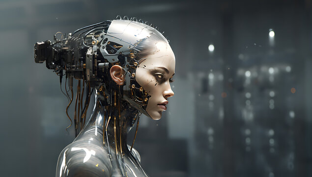 Artificial intelligence concept, Futuristic robot head with technology, sight of a futuristic cyborg girl, her head adorned with metallic and bress gear, evoking a mesmerizing fantasy image.