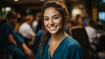 young nursing students standing with her team in hospital, scrubs, Doctor intern .High quality photo Portrait Generative Ai