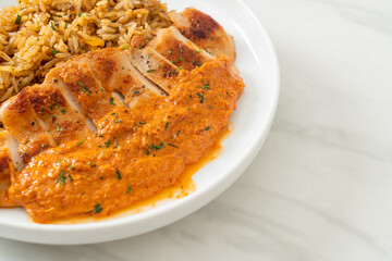 grilled chicken steak with red curry sauce and rice