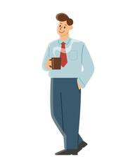 Man standing and drinking hot coffee, hands in pants pockets